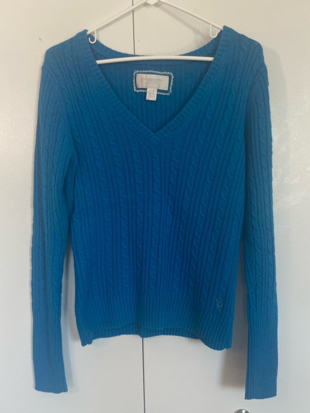 American Eagle Outfitters Bright Blue V-Neck Cable Knit Sweater